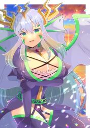 Rule 34 | 1girl, :d, arm grab, blush, breasts, cleavage, cloud, cloudy sky, commentary request, commission, dress, elbow gloves, fins, gloves, green eyes, grey hair, head fins, kou hiyoyo, large breasts, long hair, looking at viewer, open mouth, original, purple dress, purple gloves, purple thighhighs, scales, skeb commission, sky, smile, solo, thighhighs, very long hair, water, white wings, wings