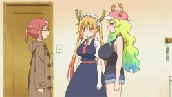 Rule 34 | 10s, 3girls, animated, animated gif, arrow (symbol), bare shoulders, blonde hair, breast envy, breasts, dragon girl, dragon tail, closed eyes, glasses, gloves, gradient hair, hat, horns, huge breasts, jacket, kobayashi-san chi no maidragon, kobayashi (maidragon), large breasts, line of sight, long hair, looking at breasts, maid, maid headdress, multicolored hair, multiple girls, necktie, lucoa (maidragon), red hair, shorts, sight arrow, standing, tail, tank top, tohru (maidragon), white gloves
