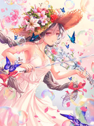 Rule 34 | 1girl, absurdres, bad id, bad pixiv id, bare arms, bare shoulders, braid, breasts, brown hat, bubble, bud, bug, butterfly, chyopeuteu, cleavage, collarbone, commentary, cross, cross necklace, dress, falling petals, floating hair, flower, glass, grey hair, hair ribbon, hat, hat flower, highres, holding, holding instrument, holding violin, insect, instrument, jewelry, latin cross, light rays, lily (flower), long hair, looking at viewer, music, necklace, original, parted lips, petals, pink dress, pink eyes, pink flower, pink rose, playing instrument, purple flower, red flower, red ribbon, red rose, ribbon, rose, scrunchie, sideways glance, sleeveless, sleeveless dress, small breasts, solo, spaghetti strap, standing, straw hat, sun hat, sundress, sunlight, twin braids, twintails, very long hair, violin, white flower, white scrunchie, wrist scrunchie