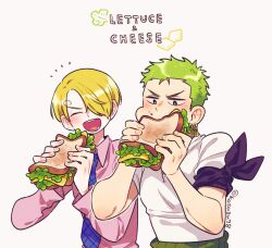Rule 34 | 2boys, armband, artist name, blonde hair, blue necktie, blush, cheese, collared shirt, commentary, crumbs, curly eyebrows, earrings, eating, english text, food, food on face, green hair, hands up, haramaki, holding, holding food, jewelry, lettuce, long bangs, long sleeves, male focus, mitsubachi koucha, multiple boys, necktie, nose blush, one eye closed, one piece, open mouth, pink shirt, roronoa zoro, sandwich, sanji (one piece), shirt, short hair, simple background, single earring, smile, v-shaped eyebrows, white background, white shirt