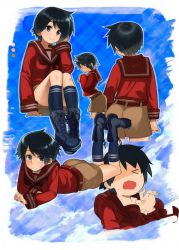 Rule 34 | &gt; &lt;, ass, belt, black eyes, black hair, blush, boots, cross-laced footwear, hand in own hair, highres, kantai collection, kneehighs, lace-up boots, looking at viewer, lying, mogami (kancolle), on stomach, school uniform, serafuku, short hair, shorts, smile, socks, the pose, tomboy, yugami gooshu