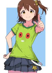Rule 34 | armpit peek, black skirt, blue background, breasts, chupacabra (idolmaster), collarbone, commentary, green shirt, hair between eyes, hair ornament, hairclip, hand on own hip, highres, idolmaster, idolmaster million live!, index finger raised, kasuga mirai, light blush, looking at viewer, medium hair, pointing, pointing at viewer, rauto, shirt, short sleeves, side ponytail, simple background, skirt, small breasts, smile, solo, star (symbol), star hair ornament, strap, t-shirt, wristband, yellow eyes