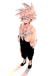 Rule 34 | 1boy, arms at sides, bad id, bad pixiv id, black footwear, black pants, chinese clothes, closed eyes, crying, dragon ball, dragonball z, full body, gyuunyuu daisuki, long sleeves, male focus, monochrome, pants, pink theme, shadow, shirt, short hair, simple background, solo, son gohan, spiked hair, standing, super saiyan, super saiyan 1, tears, white background, white shirt