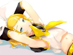 Rule 34 | 1girl, arm up, armpits, arms up, ascot, bare shoulders, blonde hair, blue eyes, bow, crop top, detached sleeves, flat chest, hair bow, hair ornament, hairclip, headphones, headset, highres, kagamine rin, looking at viewer, lying, meme, midriff, mouth hold, navel, necktie, necktie in mouth, on back, oyamada gamata, sailor collar, seductive smile, shirt, sleeveless, sleeveless shirt, smile, solo, vocaloid, white bow, yellow neckwear