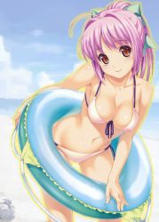 Rule 34 | 10s, 1girl, ahoge, beach, bikini, bow, breasts, cloud, day, detexted, front-tie top, hair bow, highres, hinata hanabi, innertube, koutaro, large breasts, navel, outdoors, pink hair, red eyes, side-tie bikini bottom, sky, smile, solo, swim ring, swimsuit, third-party edit, tropical kiss