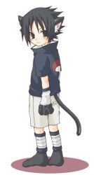 Rule 34 | 1boy, animal ears, black eyes, black hair, cat, cat ears, cat tail, crest, family crest, full body, kubyou azami, looking back, male focus, naruto, naruto (series), simple background, solo, standing, tail, uchiha sasuke, white background