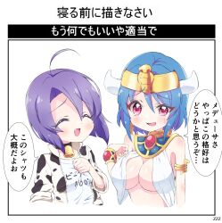 Rule 34 | 2girls, ahoge, alternate costume, animal print, bell, blue hair, blush, breasts, cleavage, closed eyes, collar, cosplay, costume switch, cow girl, cow horns, cow print, cowbell, egyptian clothes, fang, highres, horns, jashin-chan dropkick, large breasts, looking at viewer, medusa (jashin-chan dropkick), minos (jashin-chan dropkick), multiple girls, neck bell, no bra, open mouth, purple hair, red eyes, short hair, simple background, small breasts, smile, translation request, upper body