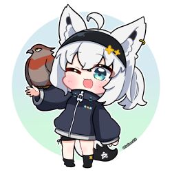 1girl animal_ear_fluff animal_ear_piercing animal_ears aqua_eyes bird bird_on_hand black_hairband black_headband black_jacket black_socks chibi dohoon fox_ears fox_girl fox_tail hairband headband high_collar highres hololive jacket shirakami_fubuki shirakami_fubuki_(loungewear) socks solo tail twitter_username two_side_up virtual_youtuber white_hair