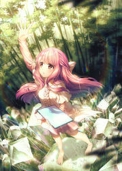 Rule 34 | 1girl, artist name, barefoot, bow, frills, full body, hair bow, long hair, looking up, outstretched arm, parted lips, pink hair, rin (shelter), rosuuri, shelter (song), solo, standing, stone, watermark, web address