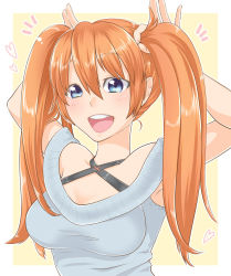 Rule 34 | 1girl, :d, arms up, blue eyes, blush, breasts, looking at viewer, medium breasts, mibuchi, open mouth, orange hair, original, sleeveless, smile, solo, teeth, twintails, upper body