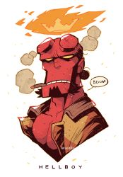 Rule 34 | 1boy, absurdres, brown jacket, cigar, colored skin, crown, demon, english text, fire, hellboy, hellboy (comic), highres, horns, jacket, male focus, mixed-language commentary, open clothes, open jacket, rariatto (ganguri), red skin, shirt, smoking, speech bubble, torn clothes, torn shirt, twitter username, upper body, white background, yellow eyes