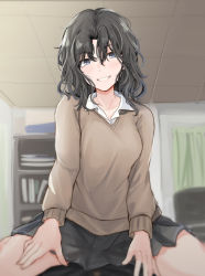 Rule 34 | 1boy, 1girl, :d, amagami, black eyes, black hair, black skirt, blush, breasts, brown sweater, commentary request, cowgirl position, girl on top, hair between eyes, hetero, highres, indoors, long hair, long sleeves, looking at viewer, medium breasts, messy hair, miniskirt, open mouth, parted lips, pov, skirt, smile, solo focus, spread legs, straddling, sweater, tanamachi kaoru, unu (unucence)