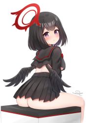Rule 34 | 1girl, ass, black hair, black sailor collar, black serafuku, black skirt, black wings, blue archive, blush, breasts, closed mouth, crop top, crop top overhang, feathered wings, halo, head tilt, highres, j2l, large breasts, long sleeves, mashiro (blue archive), no panties, pleated skirt, purple eyes, sailor collar, school uniform, serafuku, short hair, signature, simple background, sitting, skirt, solo, white background, winged halo, wings