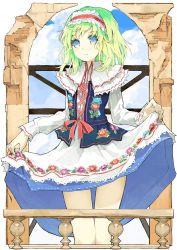 Rule 34 | 1girl, alice margatroid, alternate costume, alternate hair color, ashuho, bad id, bad pixiv id, blue eyes, blue sky, clothes lift, cloud, day, dress, european clothes, female focus, flower, gradient hair, headband, long sleeves, looking at viewer, multicolored hair, poland, railing, ribbon, ruins, skirt, skirt lift, sky, slavic clothes, solo, touhou, vest