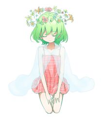 Rule 34 | 1girl, aged down, closed eyes, commentary request, dress, floating crown, flower, green hair, hands on own thighs, head wreath, kazami yuuka, kneeling, light smile, plaid, plaid dress, red dress, s-a-murai, see-through shawl, shawl, short hair, solo, thighs, touhou, white background