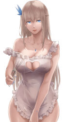 Rule 34 | 1girl, apron, bad id, bad pixiv id, bare shoulders, blue eyes, blue nails, blush, breasts, cleavage, cleavage cutout, clothing cutout, covered erect nipples, frills, heart cutout, highres, jewelry, large breasts, lexington (warship girls r), light brown hair, long hair, md5 mismatch, mixing, nail polish, naked apron, necklace, platinum blonde hair, resolution mismatch, rifu (643763873), solo, warship girls r, whipping