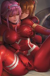 Rule 34 | 10s, 2girls, armor, bodysuit, bracer, grabbing another&#039;s breast, breasts, breasts apart, breath, brown hair, cameltoe, closed eyes, commentary, covered erect nipples, crossover, dantewontdie, darling in the franxx, evangelion: 3.0 you can (not) redo, eyeshadow, fake horns, faulds, gloves, gorget, grabbing, grabbing from behind, green eyes, grey hairband, groping, hair between eyes, hairband, half-closed eyes, head tilt, headgear, hip focus, horns, indoors, interface headset, knees up, letterboxed, long hair, looking away, looking down, makeup, multiple girls, neon genesis evangelion, on floor, outstretched arm, parted lips, pilot suit, pink hair, plugsuit, pussy, raised eyebrows, reach-around, rebuild of evangelion, red bodysuit, shiny clothes, sidelocks, sitting, skin tight, souryuu asuka langley, spread legs, spread pussy, spread pussy under clothes, sweat, taut clothes, teeth, thighs, trait connection, turtleneck, two side up, upper teeth only, yuri, zero two (darling in the franxx)