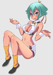Rule 34 | 10s, 1girl, aquarion (series), aquarion evol, bare shoulders, blue eyes, breasts, cleavage, cleavage cutout, clothing cutout, green hair, hair ribbon, halterneck, large breasts, midriff, navel, okishi jien, okishiji en, revealing clothes, ribbon, short hair, short shorts, shorts, shrugging, simple background, sitting, smile, solo, sweatdrop, wrist cuffs, zessica wong