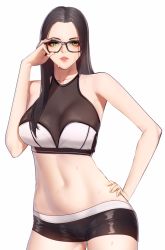 Rule 34 | 1girl, adjusting eyewear, bad id, bad pixiv id, black-framed eyewear, black hair, black shorts, breasts, cleavage, collarbone, cowboy shot, crop top, dripping, glasses, hand on own hip, hand up, highres, large breasts, long hair, looking at viewer, midriff, navel, original, panties, parted bangs, parted lips, red lips, see-through, short shorts, shorts, sleeveless, solo, stomach, sweat, tachibana-san, underwear, white background, white panties
