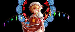 Rule 34 | 1girl, blonde hair, blood, blood from mouth, broken glass, clothes lift, cowboy shot, flandre scarlet, glass, hat, open mouth, red eyes, short hair, side ponytail, skirt, skirt lift, skirt set, solo, stained glass, touhou, wings, wrist cuffs, yunsang