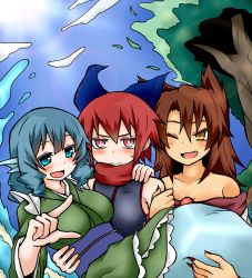 Rule 34 | 3girls, animal ears, bare shoulders, blue eyes, blue hair, blush, bow, brown eyes, brown hair, drill hair, fins, fish tail, hair bow, hato no suisou, head fins, highres, imaizumi kagerou, japanese clothes, kimono, light rays, multiple girls, nail polish, open mouth, pointing, red eyes, red hair, red nails, scarf, sekibanki, sleeveless, sunbeam, sunlight, sweat, sweatdrop, tail, touhou, wakasagihime, wolf ears