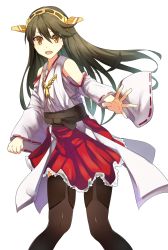 Rule 34 | 10s, 1girl, ashiwara yuu, bare shoulders, black hair, blush, boots, brown thighhighs, detached sleeves, frilled skirt, frills, hair ornament, hairband, hairclip, haruna (kancolle), japanese clothes, kantai collection, long hair, nontraditional miko, open mouth, personification, ribbon-trimmed sleeves, ribbon trim, skirt, thigh boots, thighhighs, yellow eyes