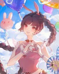 Rule 34 | 1girl, animal ears, artist request, balloon, blush, braid, braided ponytail, brown hair, bubble, carrot hair ornament, douluo dalu, food-themed hair ornament, frilled wristband, hair ornament, heart, heart hands, highres, light particles, midriff, open mouth, pink eyes, rabbit ears, second-party source, solo, teeth, upper body, xiao wu (douluo dalu)
