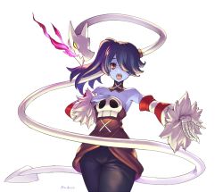 Rule 34 | 1girl, artist name, bare shoulders, black hair, blue hair, blue skin, blush, colored skin, cowboy shot, detached collar, detached sleeves, female focus, fire, fur trim, hair over one eye, hand on own chest, leviathan (skullgirls), long sleeves, nose blush, open mouth, outstretched arm, red eyes, side ponytail, simple background, skeletal arm, skull, skullgirls, squigly (skullgirls), stitched mouth, stitches, striped, striped sleeves, takamine nadare, white background, yellow eyes, zombie