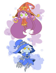 Rule 34 | blue skin, chibi, colored skin, dress, gauntlets, green eyes, hat, league of legends, long hair, lulu (league of legends), purple hair, purple skin, scar, striped, veigar, white hair, witch hat, yan531, yellow eyes
