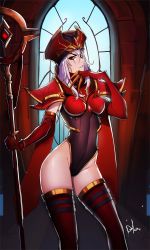Rule 34 | 1girl, absurdres, armor, black leotard, breasts, claw (weapon), distr, elbow gloves, facial mark, gloves, hand up, hat, highleg, highleg leotard, highres, holding, holding staff, human (warcraft), leotard, long hair, looking at viewer, medium breasts, parted lips, pauldrons, purple hair, red eyes, red gloves, red thighhighs, sally whitemane, shoulder armor, smile, solo, staff, standing, thighhighs, warcraft, weapon, world of warcraft