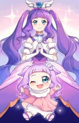 Rule 34 | 1girl, ;d, absurdres, aged up, aqua eyes, baby, bai xin, commentary request, cure majesty, dress, dual persona, elbow gloves, ellee-chan, eyelashes, gloves, gradient background, hair ornament, happy, highres, hirogaru sky! precure, long hair, looking at viewer, magical girl, one eye closed, open mouth, precure, purple dress, purple hair, smile, solo, standing, thighhighs, thighs, white thighhighs, wing hair ornament