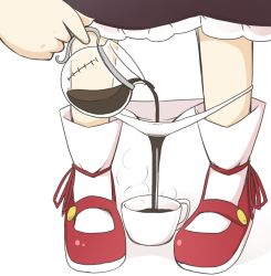 Rule 34 | 1girl, coffee, coffee pot, cup, dress, frilled dress, frills, head out of frame, jagabutter, lower body, panties, panties around ankles, panties around leg, panty pull, pouring, pouring through panties, rumia, shoes, simple background, socks, solo, standing, steam, touhou, underwear, white background, white socks