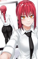 Rule 34 | 1girl, ass, bags under eyes, braid, breasts, chainsaw man, formal, from behind, highres, huge ass, large breasts, long hair, looking at viewer, makima (chainsaw man), mirror, multiple views, o22no, orange eyes, pants, red hair, reflection, selfie, shiny clothes, shiny skin, smile