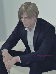 1boy bandaid bandaid_on_hand black_jacket black_pants black_suit blonde_hair blue_eyes collared_shirt elbow_on_knee formal from_side grey_background jacket lapels layered_sleeves leon_s._kennedy long_sleeves looking_ahead male_focus pants parted_lips resident_evil sardine_(kjr0313) shirt signature sitting solo suit suit_jacket white_shirt