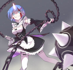 Rule 34 | 10s, 1girl, apron, blood, blood on breasts, blood on face, blood splatter, blue eyes, blue hair, chain, collar, detached collar, detached sleeves, flail, frilled apron, frilled collar, frilled shirt collar, frilled skirt, frilled sleeves, frills, garter straps, grin, gulim, hair ornament, highres, holding, holding weapon, horns, injury, looking at viewer, maid, maid apron, maid headdress, matching hair/eyes, morning star, neck ribbon, re:zero kara hajimeru isekai seikatsu, rem (re:zero), ribbon, short hair, single horn, skirt, smile, solo, teeth, thighhighs, weapon, white thighhighs, wide sleeves, x hair ornament