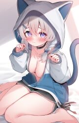 Rule 34 | 1girl, animal ears, animal hood, barefoot, bed sheet, black choker, black shorts, blush, braid, breasts, cat hood, cat tail, choker, cleavage, collarbone, commission, eip (pepai), fake animal ears, grey hair, hair ornament, hairclip, highres, hood, hood up, hooded jacket, jacket, long sleeves, looking at viewer, medium breasts, multicolored clothes, multicolored jacket, original, paw pose, purple eyes, shorts, simple background, single braid, sitting, skeb commission, solo, tail, thighs, wariza, white background