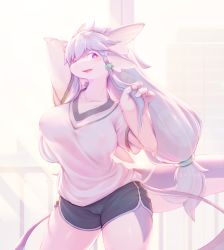 Rule 34 | 1girl, absurdres, animal ears, arm behind head, arm up, aruri (whooo-ya), black shorts, blush, braid, breasts, building, cameltoe, collarbone, colored skin, cowboy shot, dolphin shorts, female focus, fins, furry, furry female, grey hair, hair bobbles, hair ornament, hair tie, hairband, hand up, happy, highres, indoors, jpeg artifacts, large breasts, light blush, light rays, long hair, looking to the side, low-tied long hair, multicolored skin, nipples, no bra, open mouth, original, pink eyes, playing with own hair, purple skin, railing, red hairband, see-through, shiny skin, shirt, short shorts, short sleeves, shorts, side slit, sidelocks, sideways mouth, smile, snout, solo, standing, sunlight, tail, twin braids, two-tone skin, very long hair, white background, white shirt, white skin, whooo-ya, window