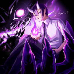 Rule 34 | 1boy, black background, black footwear, black hair, black nails, black necktie, black pants, black socks, cigarette, claws, closed mouth, collared shirt, crossed legs, feet out of frame, fire, hair between eyes, hajime (sakuraofsunset), hand in pocket, highres, horns, ifrit djinn eito, in palm, looking at viewer, mairimashita! iruma-kun, male focus, monster, mouth hold, necktie, oni horns, pants, pointy ears, purple eyes, purple fire, pyrokinesis, shirt, shoes, short hair, sitting, sleeves rolled up, smile, smoking, socks, solo, white horns, white shirt