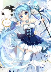 Rule 34 | 1girl, :d, animal, beamed eighth notes, beamed sixteenth notes, blue eyes, blue hair, blue skirt, blue sleeves, blush, center frills, commentary request, crystal, detached sleeves, eighth note, frills, hair between eyes, hatsune miku, head tilt, highres, holding, holding wand, index finger raised, juliet sleeves, long hair, long sleeves, musical note, nagayama yuunon, open mouth, puffy sleeves, rabbit, shirt, skirt, sleeves past wrists, smile, snowflakes, sparkle, strapless, striped sleeves, thighhighs, tiara, twintails, very long hair, vocaloid, wand, white shirt, white thighhighs, yuki miku, yukine (vocaloid)