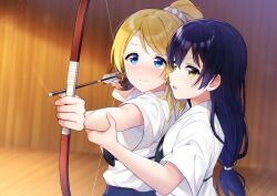 Rule 34 | 2girls, archery, archery dojo, arrow (projectile), ayase eli, blonde hair, blue eyes, blue hair, blush, bow (weapon), commentary request, drawing bow, gloves, highres, holding, holding arrow, holding bow (weapon), holding weapon, kyuudou, long hair, love live!, love live! school idol project, low ponytail, multiple girls, muneate, nanatsu no umi, partially fingerless gloves, single glove, sonoda umi, weapon