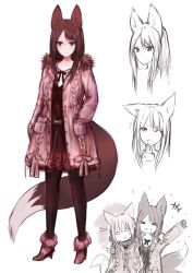 Rule 34 | 2girls, anger vein, animal ears, belt, brown eyes, brown hair, coat, dress, fox ears, fox tail, hand in pocket, happy, highres, long hair, multiple girls, one eye closed, original, pantyhose, short dress, simple background, sketch, sleepy, smile, sukemyon, tail, tail wagging, white background, winter clothes, winter coat, yawning