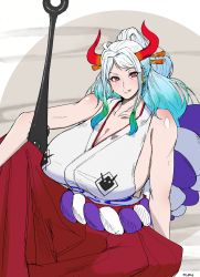 Rule 34 | 1girl, :d, breasts, cleavage, club (weapon), earrings, female focus, gradient background, hakama, hakama skirt, head tilt, high ponytail, highres, hoop earrings, horns, japanese clothes, jewelry, large breasts, long hair, looking at viewer, multicolored hair, one piece, open mouth, romo (samesameyeah), side slit, simple background, sitting, skirt, sleeveless, smile, solo, swept bangs, two-tone hair, weapon, yamato (one piece), yellow eyes
