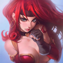 Rule 34 | 1girl, bad id, bad tumblr id, bare shoulders, battle chasers, breasts, choker, cleavage, clenched hand, detached sleeves, earrings, female focus, fingerless gloves, gloves, green eyes, headband, ilya kuvshinov, jewelry, large breasts, lips, long hair, looking at viewer, red hair, red monika, solo, upper body