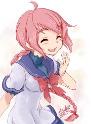 Rule 34 | 10s, 1girl, 2015, 4suke, :d, ^ ^, ahoge, braid, closed eyes, dated, dress, kantai collection, nenohi (kancolle), open mouth, pink hair, sailor dress, simple background, single braid, smile, solo, upper body, white background