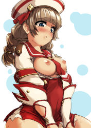 Rule 34 | 1girl, arena clerk (monster hunter 3 ultimate), bad id, bad pixiv id, between breasts, blue eyes, blush, braid, breasts, brown hair, capcom, dixie cup hat, hat, highres, long hair, medium breasts, military hat, monster hunter (series), monster hunter 3 g, natsu-hana, necktie, nipples, open clothes, open shirt, plus-minus-ryuu, shirt, solo, sweat, twin braids
