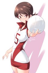 Rule 34 | 1girl, ball, blush, brown eyes, brown hair, closed mouth, commentary request, cowboy shot, dated, elbow pads, frown, girls und panzer, highres, holding, holding ball, kawanishi shinobu, kuzuryuu kennosuke, light blush, looking at viewer, one-hour drawing challenge, partial commentary, red shirt, red shorts, shirt, short hair, short ponytail, short shorts, shorts, simple background, sleeveless, sleeveless shirt, solo, sportswear, standing, swept bangs, twitter username, volleyball, volleyball (object), volleyball uniform, white background
