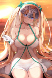 Rule 34 | 1girl, argyle, argyle clothes, argyle cutout, blonde hair, blue eyes, blurry, breasts, cleavage, clothing cutout, collarbone, commentary request, cowboy shot, depth of field, earrings, fate/grand order, fate (series), gloves, hair between eyes, hair ribbon, hairband, head tilt, headpiece, highres, jeanne d&#039;arc (fate), jeanne d&#039;arc (ruler) (fate), jeanne d&#039;arc (swimsuit archer) (fate), jeanne d&#039;arc (swimsuit archer) (third ascension) (fate), jewelry, large breasts, long hair, navel cutout, one-piece swimsuit, pink lips, ribbon, sitting, smile, solo, sunset, swimsuit, thighs, twintails, two side up, untue, very long hair, white gloves, white one-piece swimsuit