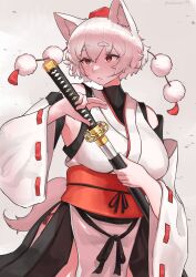 Rule 34 | 1girl, absurdres, animal ear fluff, animal ears, bare shoulders, black shirt, breasts, closed mouth, commentary request, cowboy shot, detached sleeves, expressionless, hat, highres, holding, holding sheath, holding sword, holding weapon, inubashiri momiji, japanese clothes, katana, kimono, kourindou tengu costume, large breasts, looking afar, obi, pelvic curtain, pom pom (clothes), red eyes, red sash, ribbon-trimmed sleeves, ribbon trim, sash, sheath, shirt, short hair, simple background, sleeveless, sleeveless shirt, solo, sword, tail, take (take143000), tokin hat, touhou, undershirt, unsheathing, weapon, white background, white hair, white kimono, white shirt, white sleeves, wide sleeves, wolf ears, wolf girl, wolf tail