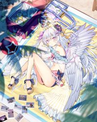 Rule 34 | 1girl, :o, ahoge, arms up, azusa (blue archive), azusa (swimsuit) (blue archive), bag, ball, bare legs, bare shoulders, bikini, blue archive, blue bikini, blush, bottle, brown footwear, can, commentary request, cooler, day, feathered wings, flower, from above, grey wings, hair between eyes, hair flower, hair ornament, layered bikini, long hair, long sleeves, looking at viewer, looking up, lying, navel, odeclea, on side, outdoors, parted lips, photo (object), pink eyes, purple flower, sandals, see-through, solo, star (symbol), swimsuit, very long hair, white bikini, white hair, wings