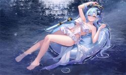 Rule 34 | 1girl, barefoot, blue eyes, blue hair, breasts, energy sword, feet, griseo, griseo (cosmic expression), hair ornament, highres, honkai (series), honkai impact 3rd, knee up, legs, lightsaber, long hair, lying, medium breasts, on back, skirt, swimming floater, swimsuit, sword, toes, water, water balloon, weapon, zhongwu chahui